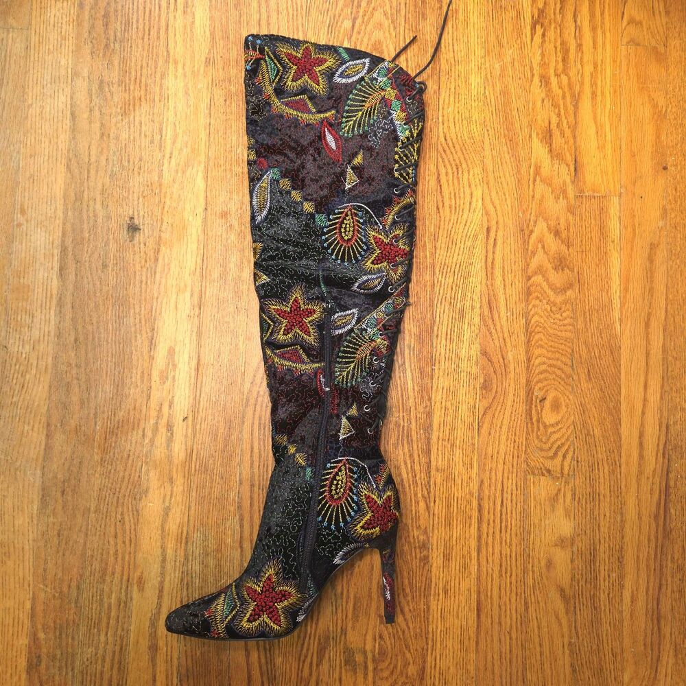 Rouge Embroidered Thigh High Boots Size 12 Black Stiletto Lace Up Floral NWOT